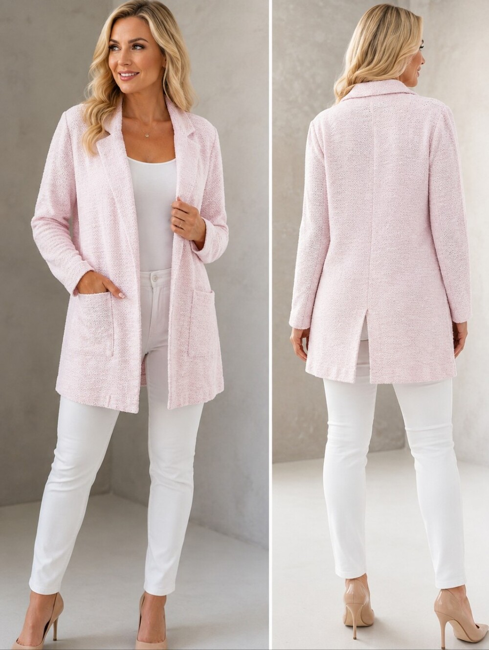 Lane Bryant Soft Pink/White Open-Front Boucle Knit Blazer Jacket